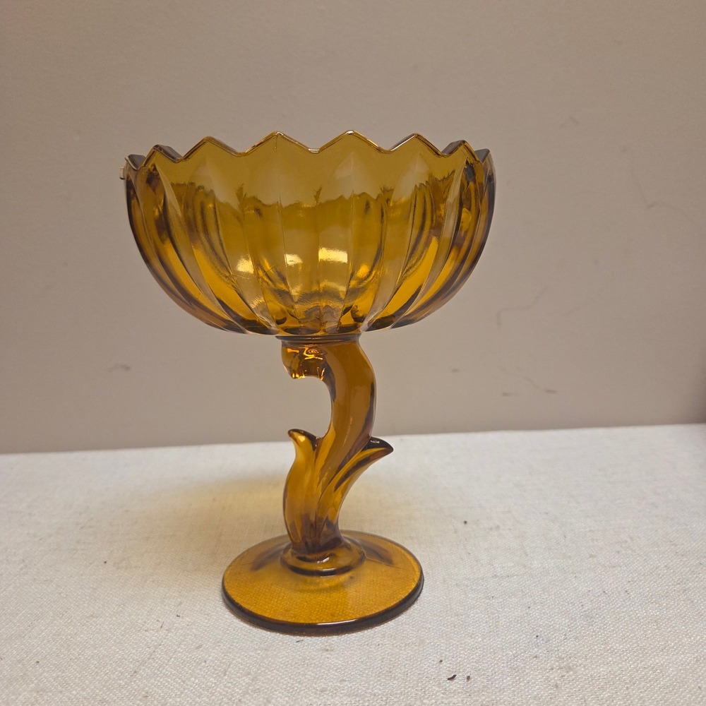 Vintage Amber Glass Compote Dish Pedestal Scalloped Rim Candy Bowl